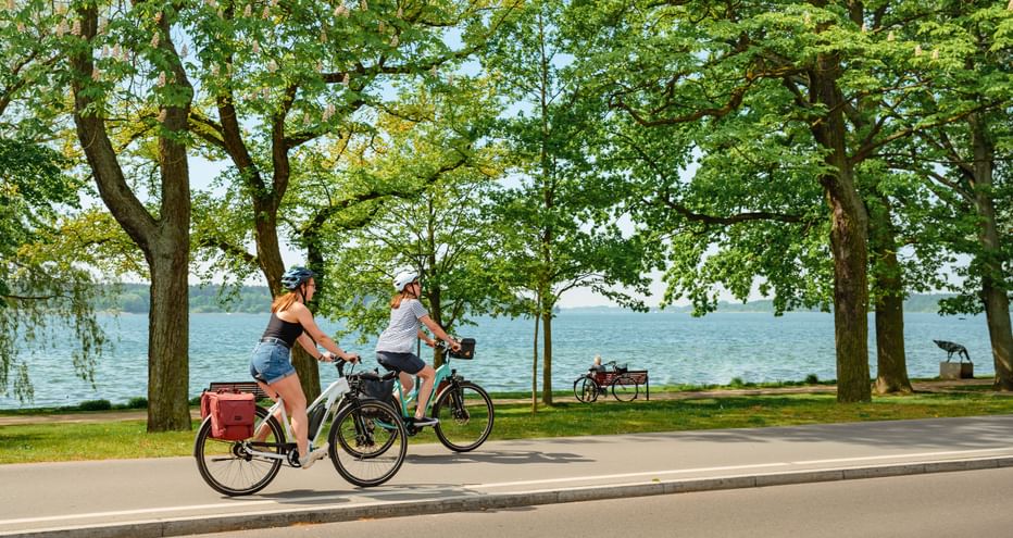 Zwei Radfahrer mit Helmen fahren auf gepflastertem Weg neben einem See. Große Bäume spenden Schatten, blaues Wasser und fernes Ufer sichtbar.