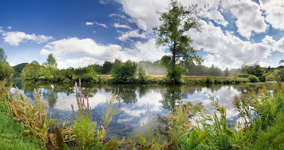 Calm lake with mirror-like reflections of clouds and trees in Altmühltal Nature Park. Green vegetation frames the water under a blue sky.