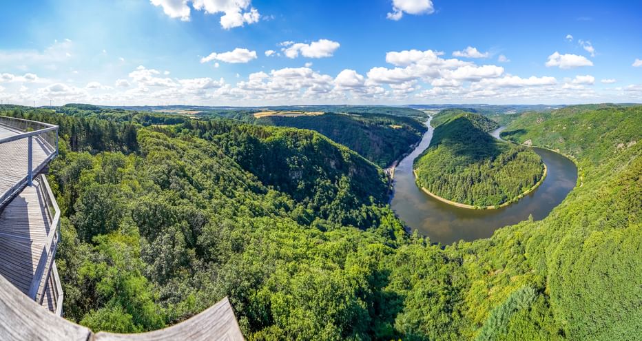 Panoramablick auf die Saarschleife durch dicht bewaldete Hügel. Aussichtsplattform links sichtbar unter blauem Himmel.