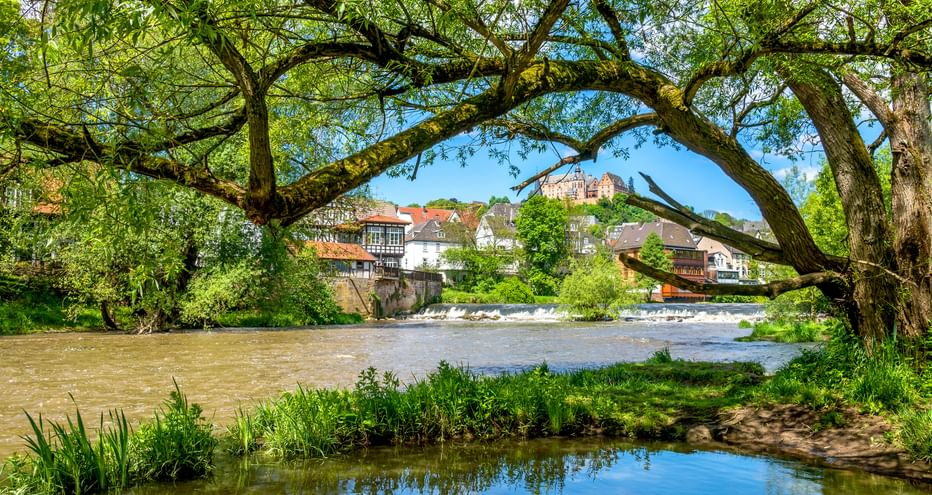 View of the Lahn River framed by large tree branches, with traditional half-timbered houses and a castle on a hill in the background.